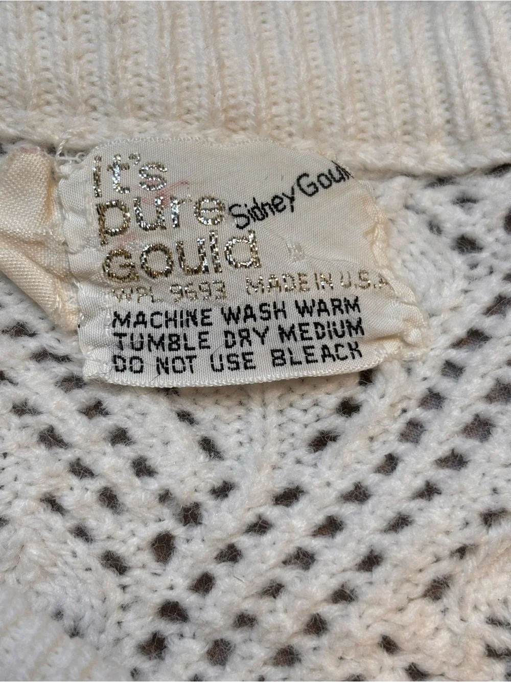 Vintage It’s Pure Gould Ivory Pointelle Cable Knit Cardigan Sweater Made USA